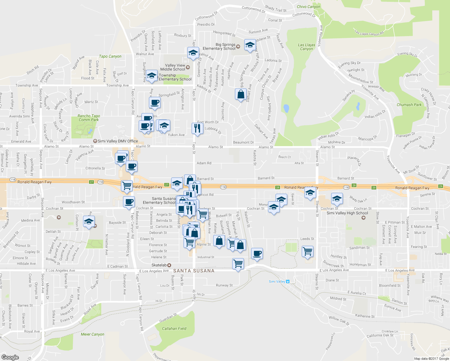 map of restaurants, bars, coffee shops, grocery stores, and more near 4608 Barnard Street in Simi Valley