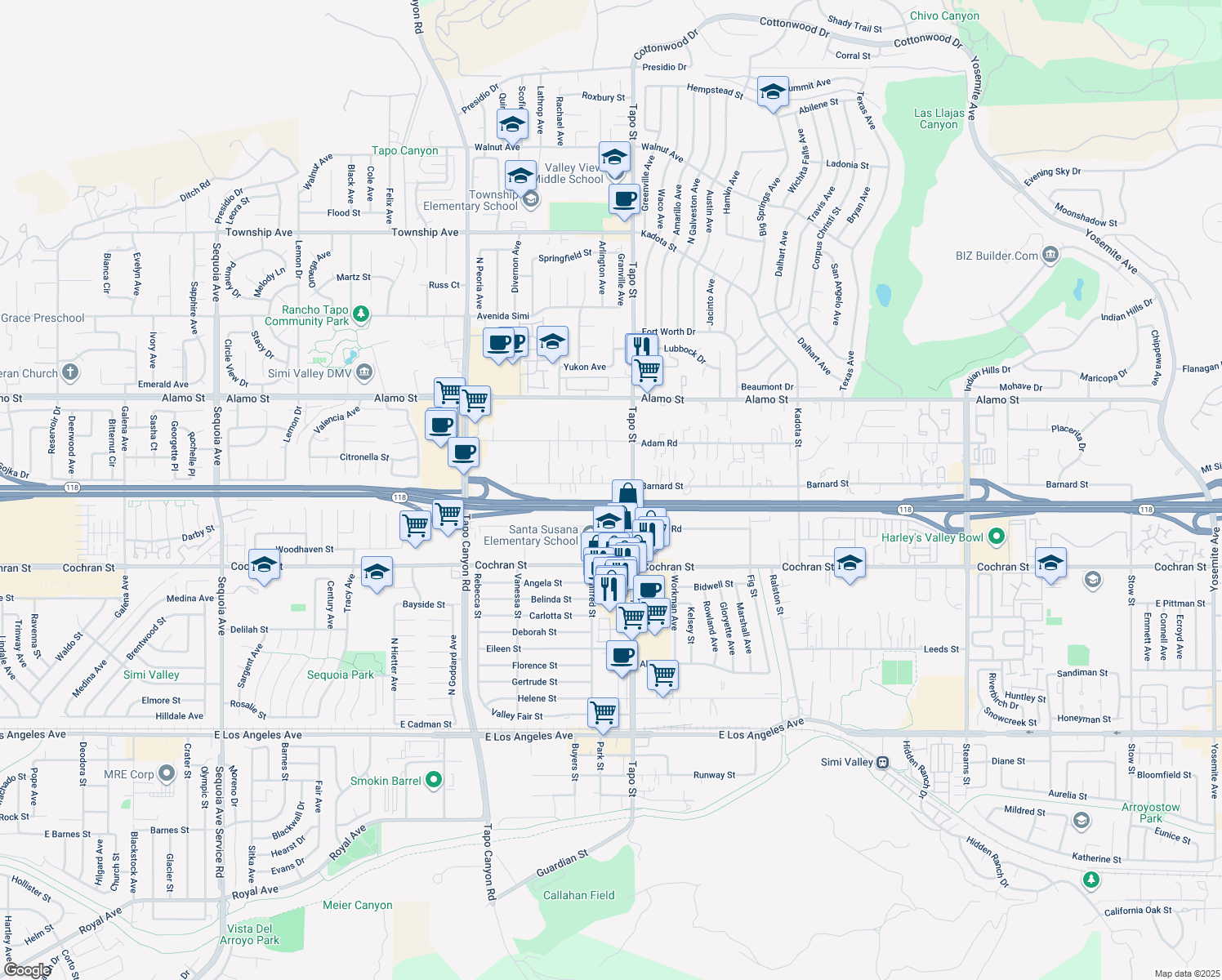 map of restaurants, bars, coffee shops, grocery stores, and more near 4350 Eve Road in Simi Valley