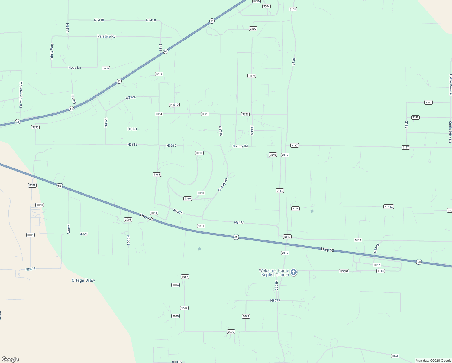 map of restaurants, bars, coffee shops, grocery stores, and more near County Road 3312 in Vernon