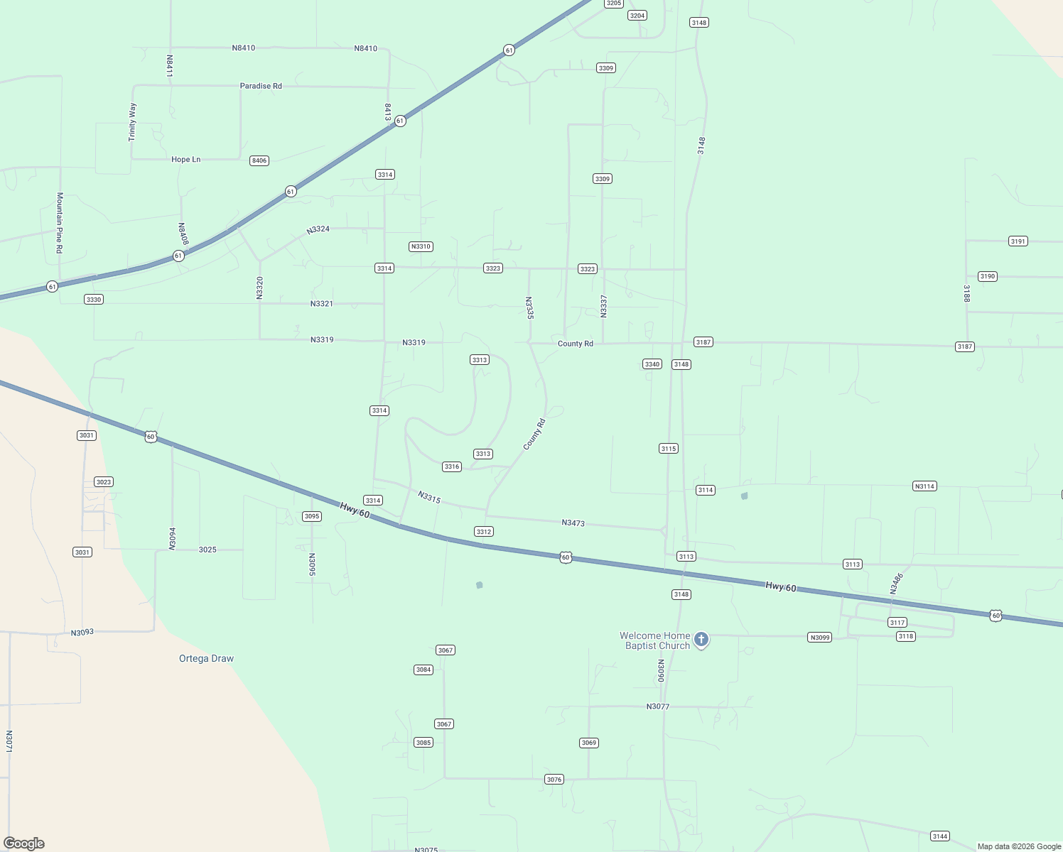 map of restaurants, bars, coffee shops, grocery stores, and more near County Road 3312 in Vernon