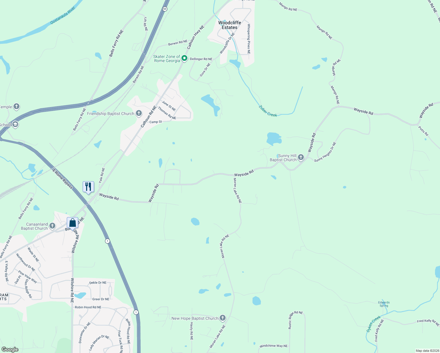 map of restaurants, bars, coffee shops, grocery stores, and more near 592 Wayside Road in Rome