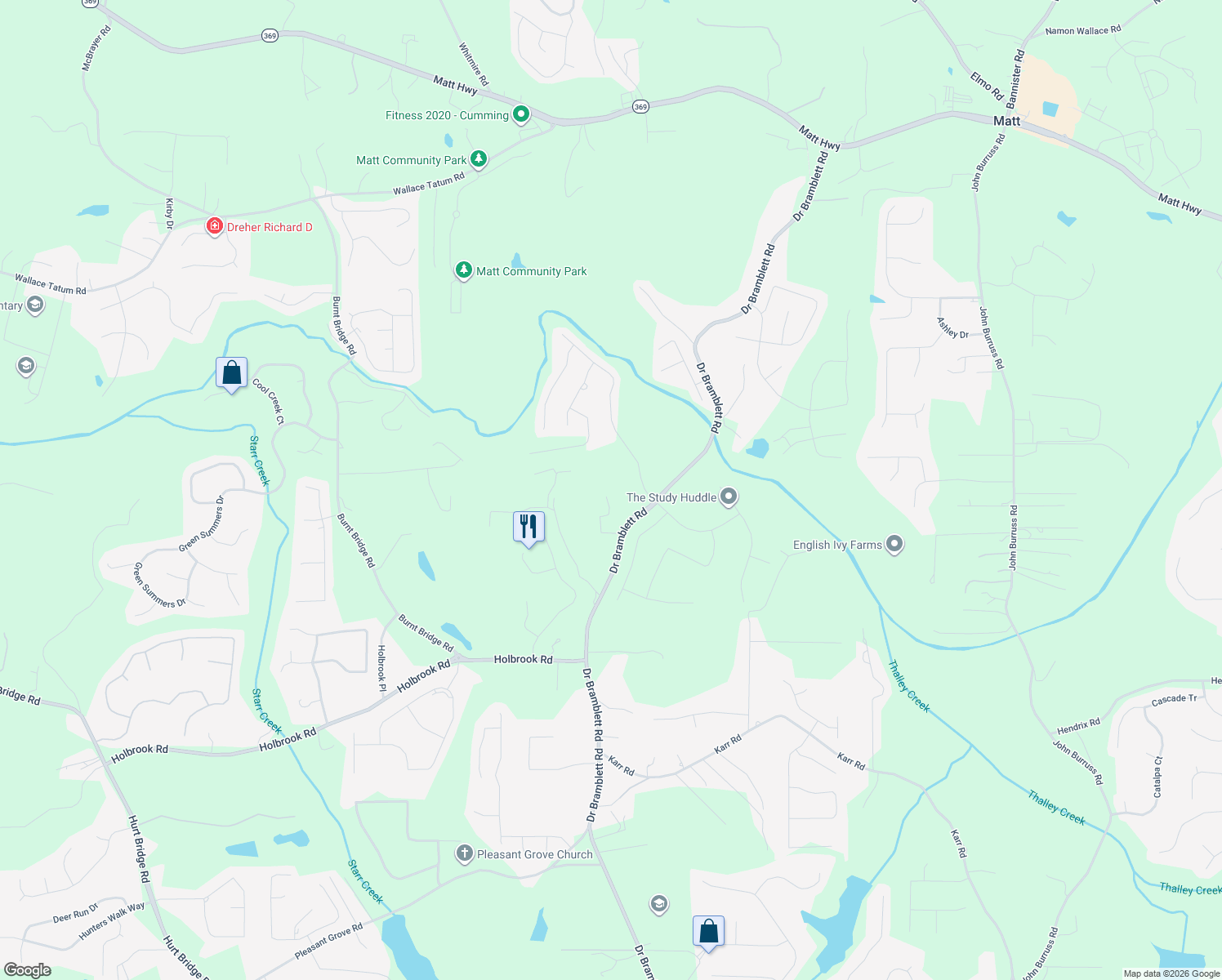 map of restaurants, bars, coffee shops, grocery stores, and more near 3535 Doctor Bramblett Road in Cumming