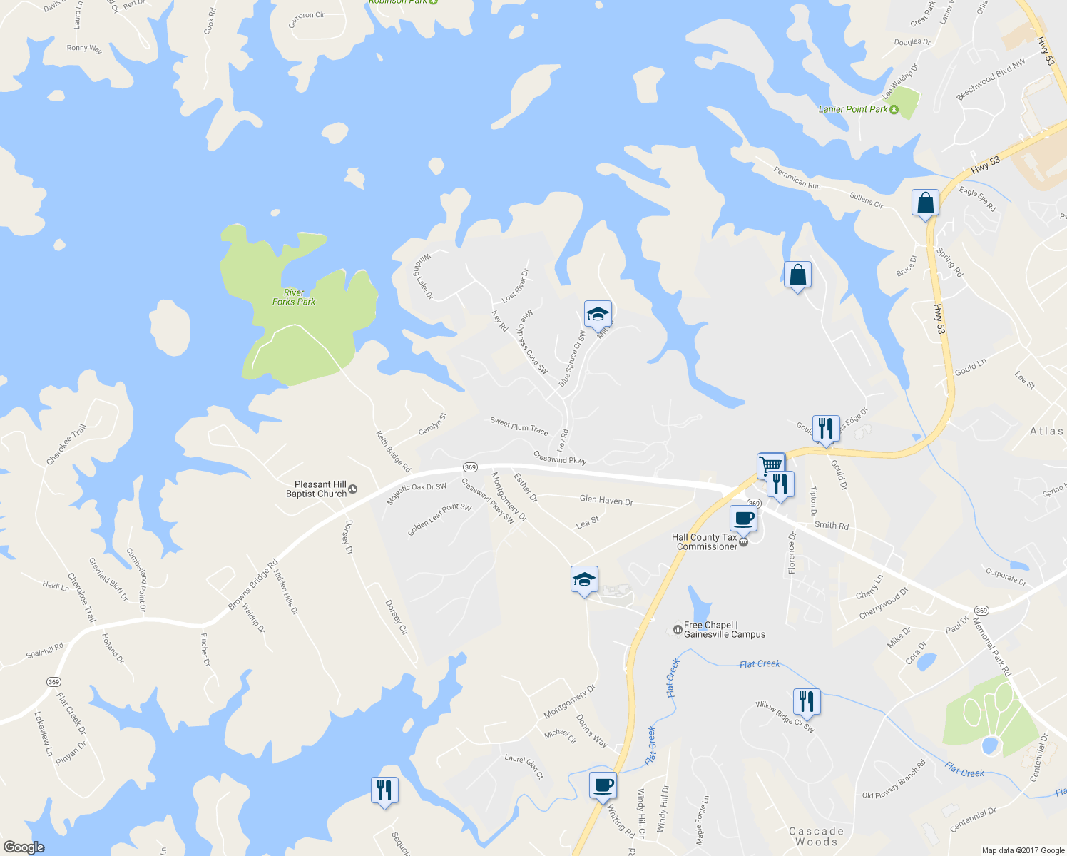 map of restaurants, bars, coffee shops, grocery stores, and more near 3335 Sweet Plum Trace in Gainesville