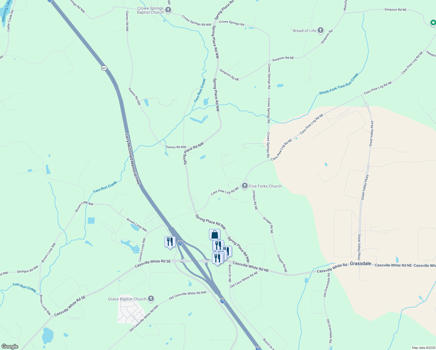 map of restaurants, bars, coffee shops, grocery stores, and more near 47 Reject Road Northeast in White