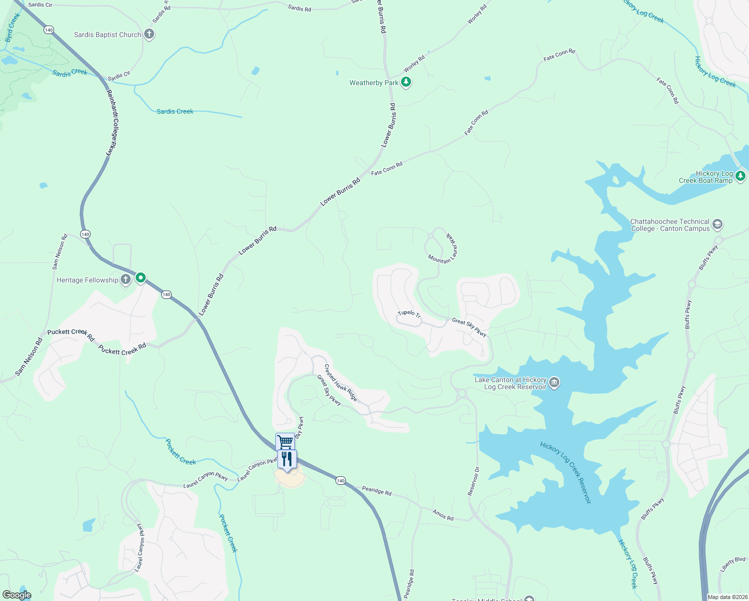 map of restaurants, bars, coffee shops, grocery stores, and more near 258 Fountain Oak Way in Canton