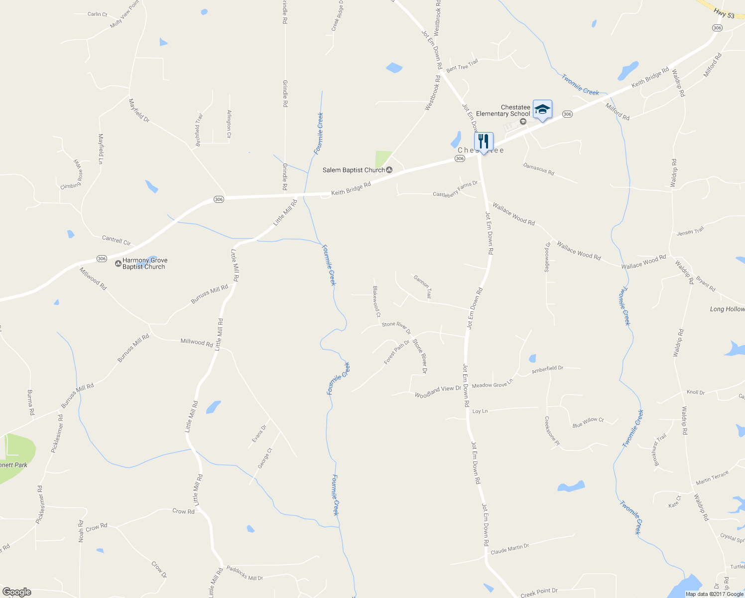 map of restaurants, bars, coffee shops, grocery stores, and more near 9005 Devonwood Court in Gainesville