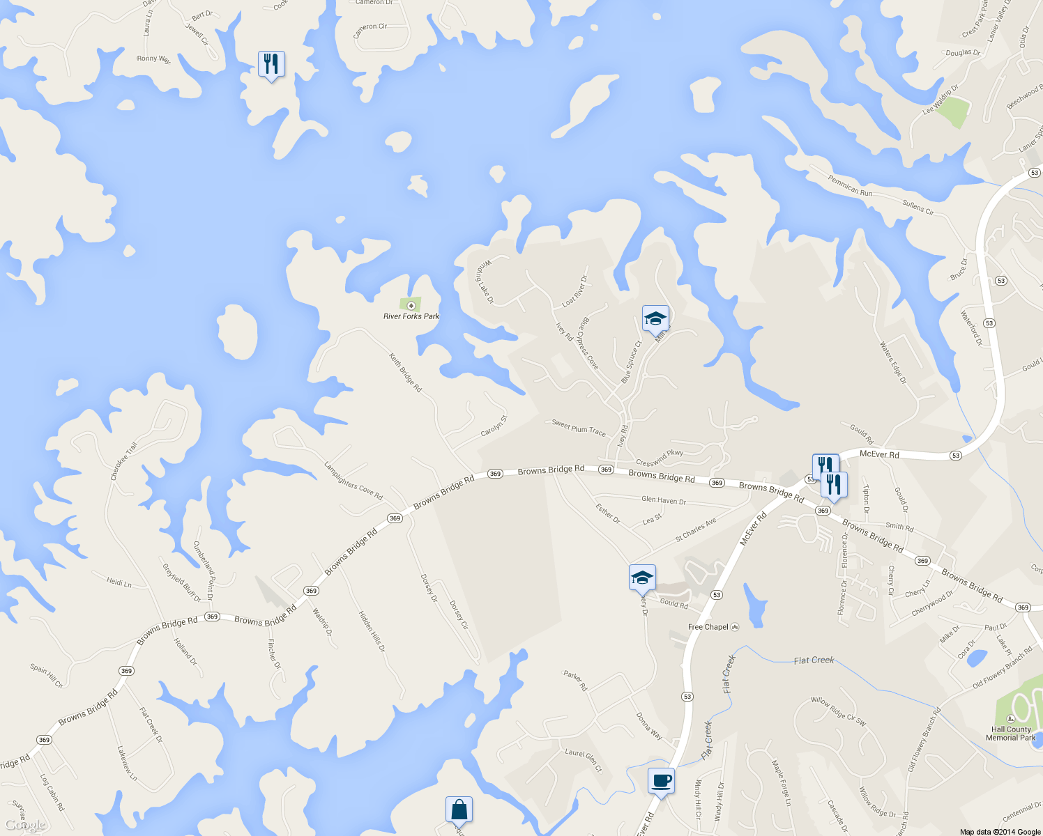 map of restaurants, bars, coffee shops, grocery stores, and more near 3446 Carolyn Street in Gainesville