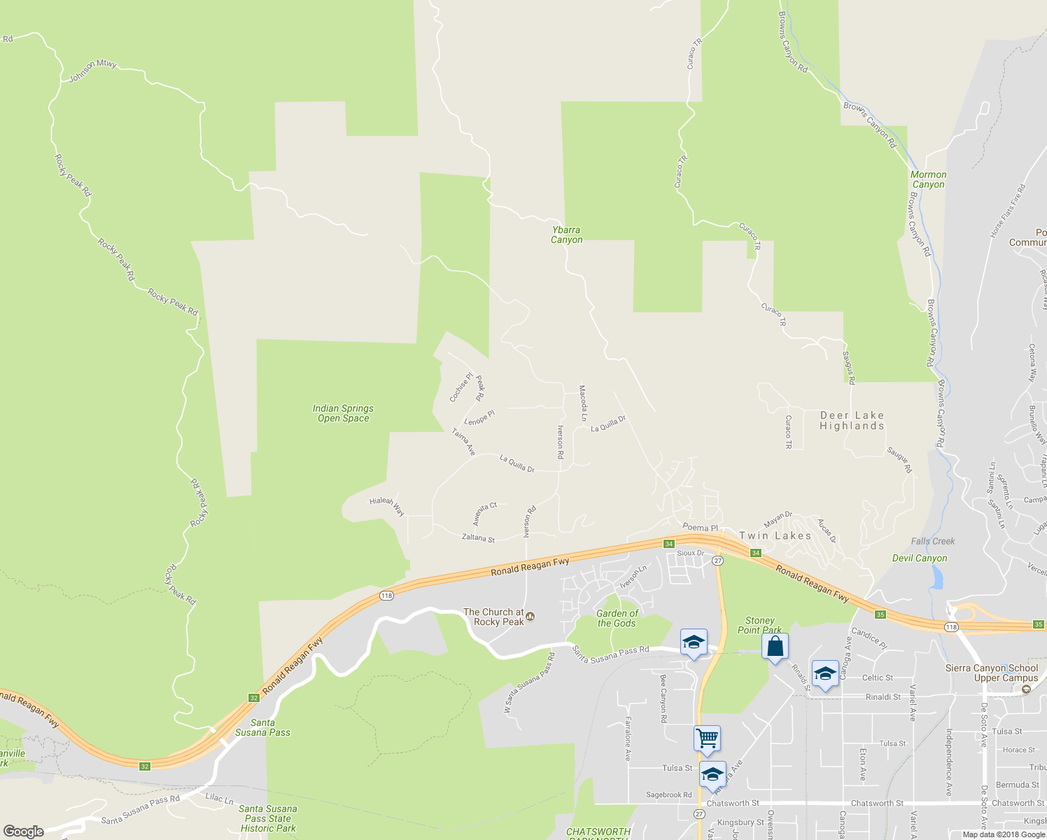 map of restaurants, bars, coffee shops, grocery stores, and more near 22570 Fern Ann Falls Road in Los Angeles County