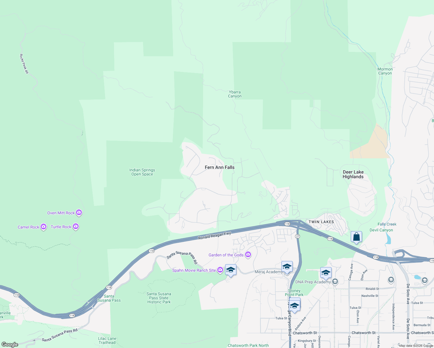 map of restaurants, bars, coffee shops, grocery stores, and more near 22570 Fern Ann Falls Road in Los Angeles County