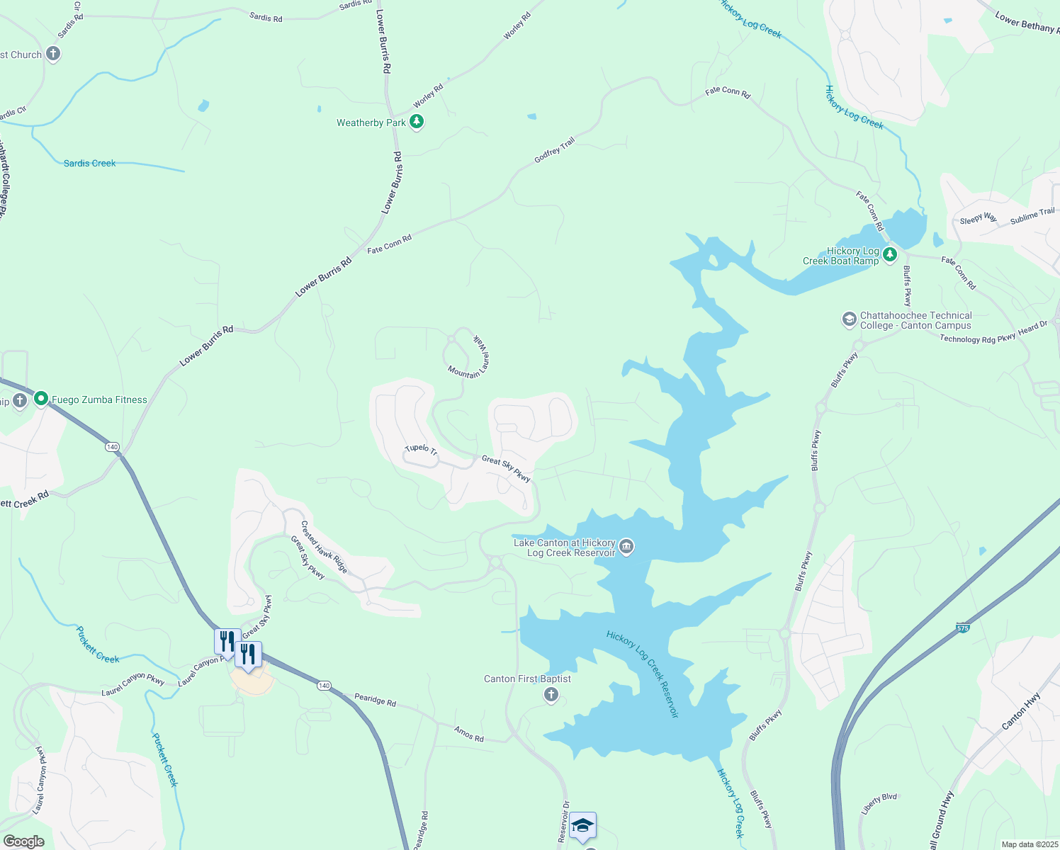 map of restaurants, bars, coffee shops, grocery stores, and more near 505 Blue Mountain Rise in Canton