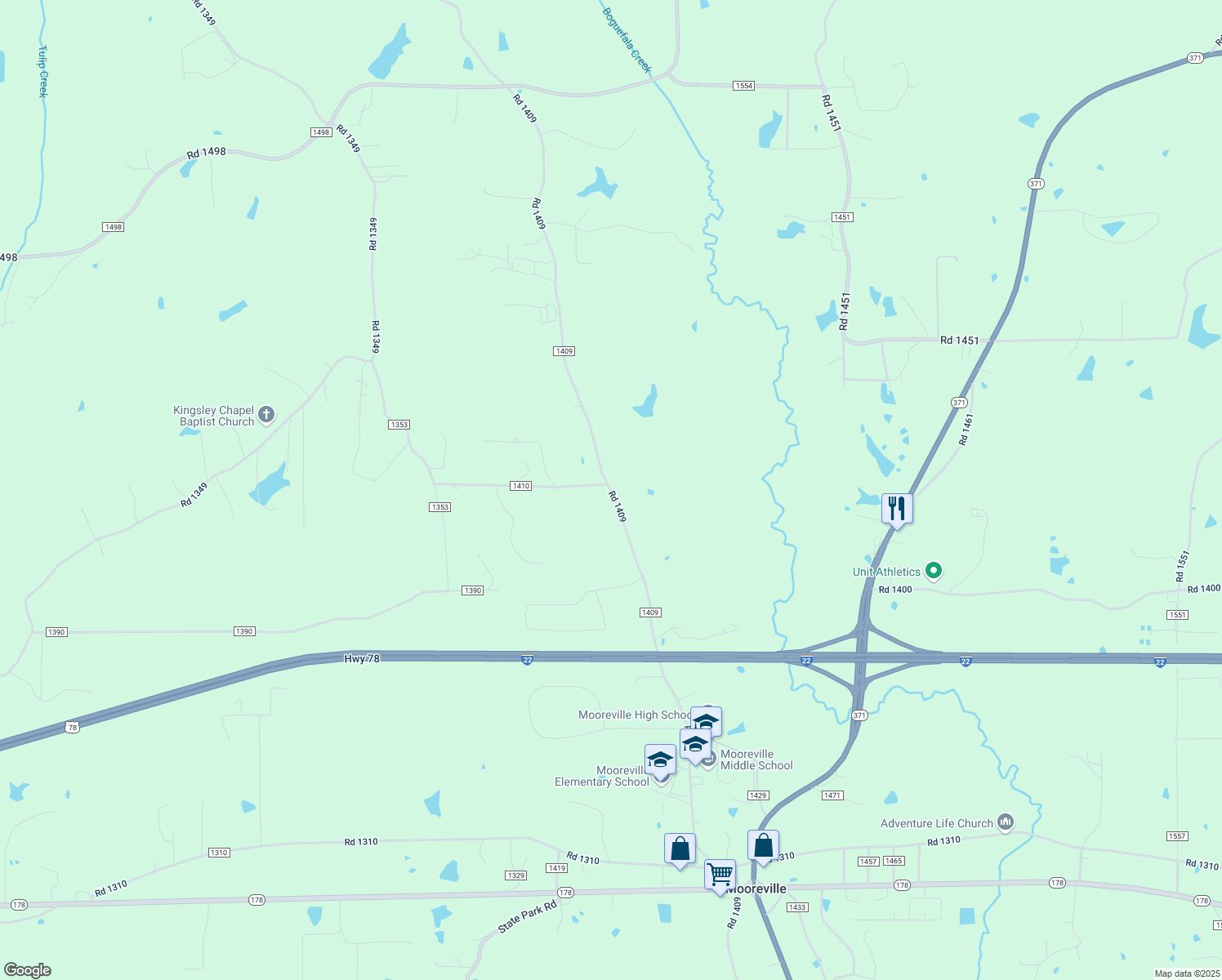 map of restaurants, bars, coffee shops, grocery stores, and more near 884 County Road 1409 in Mooreville