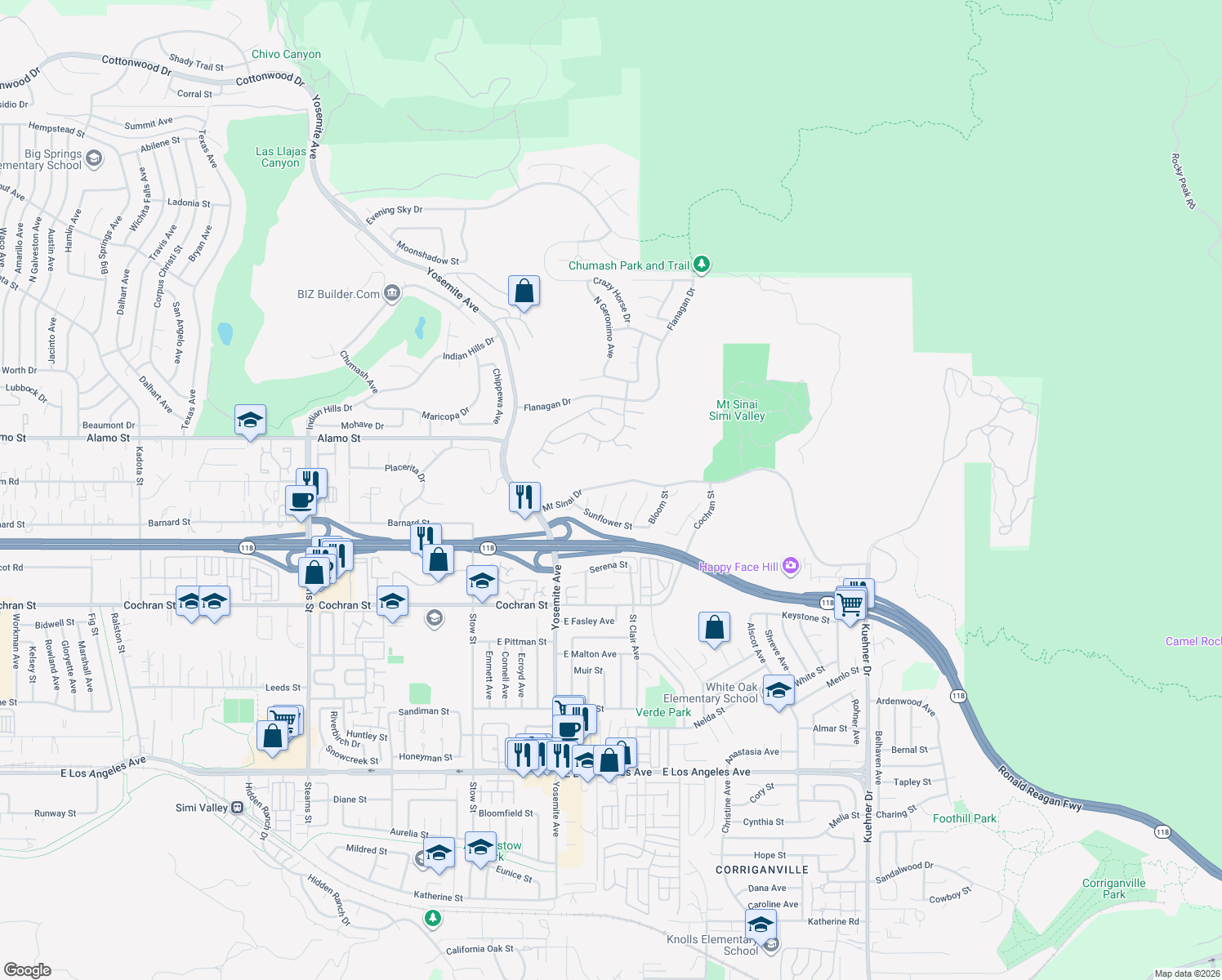 map of restaurants, bars, coffee shops, grocery stores, and more near 2692 Fallen Leaf Court in Simi Valley