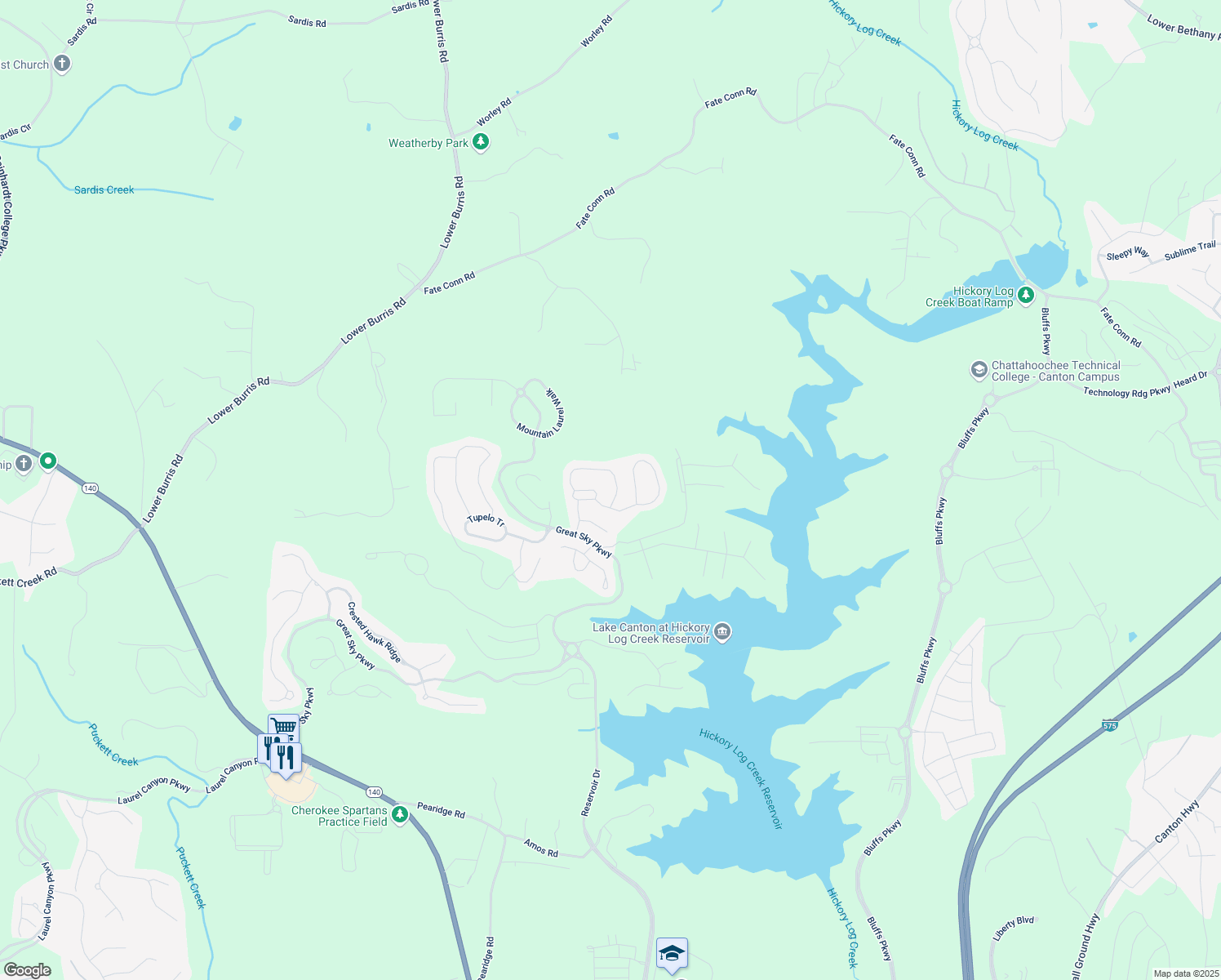 map of restaurants, bars, coffee shops, grocery stores, and more near 505 Blue Mountain Rise in Canton
