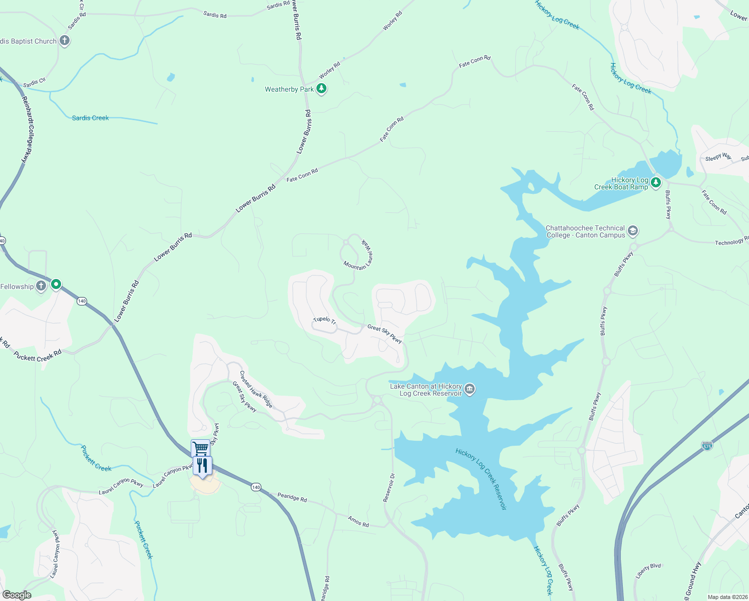 map of restaurants, bars, coffee shops, grocery stores, and more near 544 Blue Mountain Rise in Canton