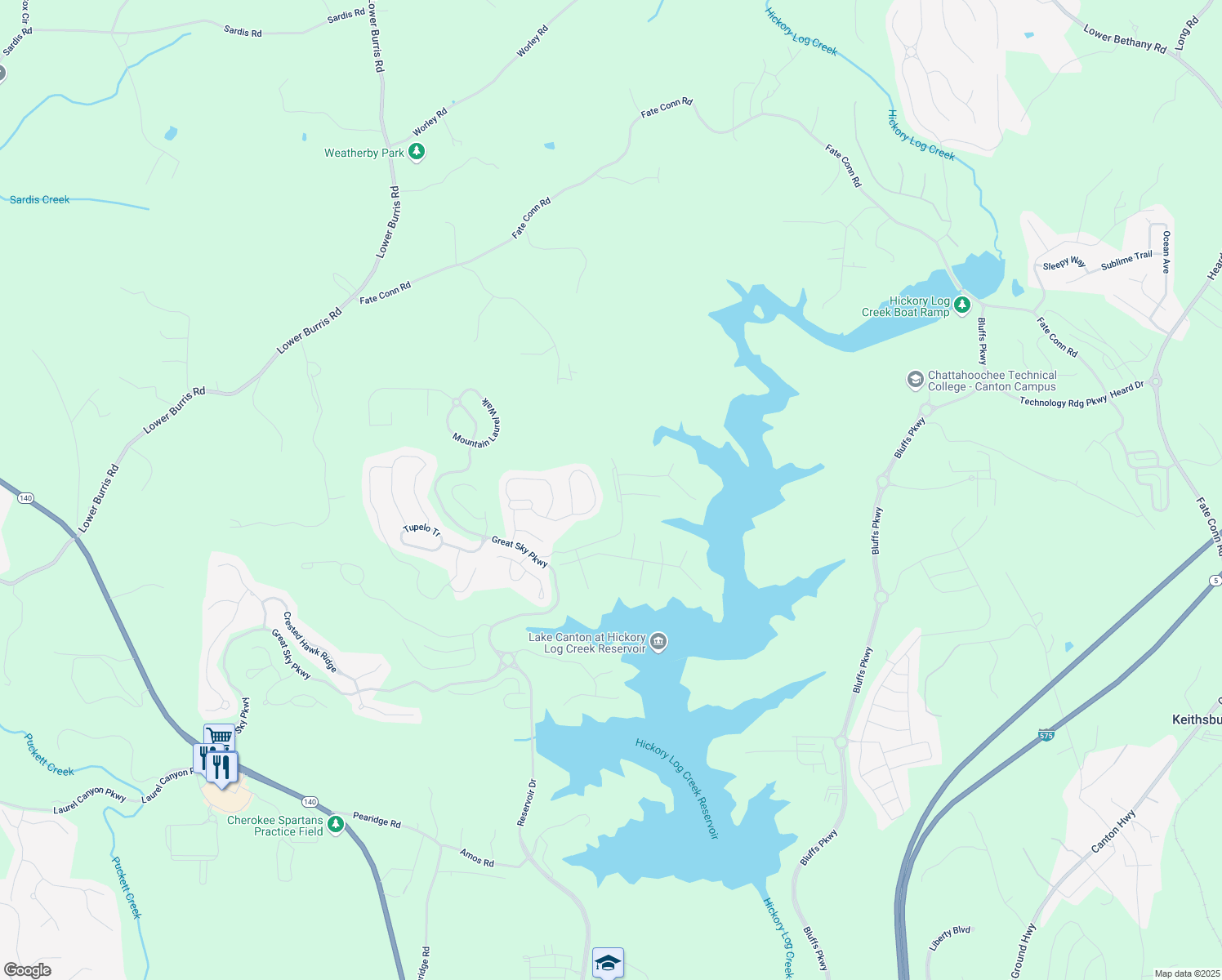 map of restaurants, bars, coffee shops, grocery stores, and more near 5121 Aster Bend in Canton