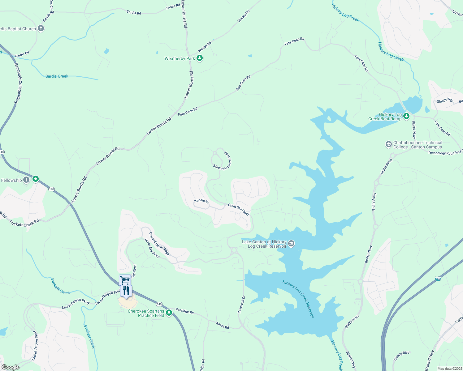 map of restaurants, bars, coffee shops, grocery stores, and more near 540 Blue Mountain Rise in Canton