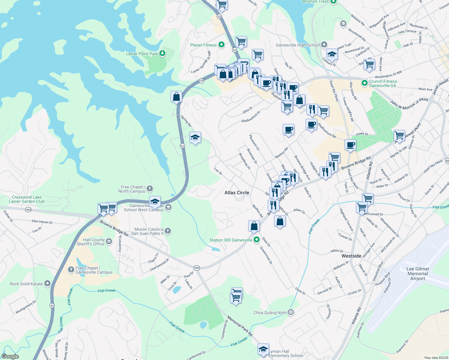 map of restaurants, bars, coffee shops, grocery stores, and more near 2229 Lee St in Gainesville