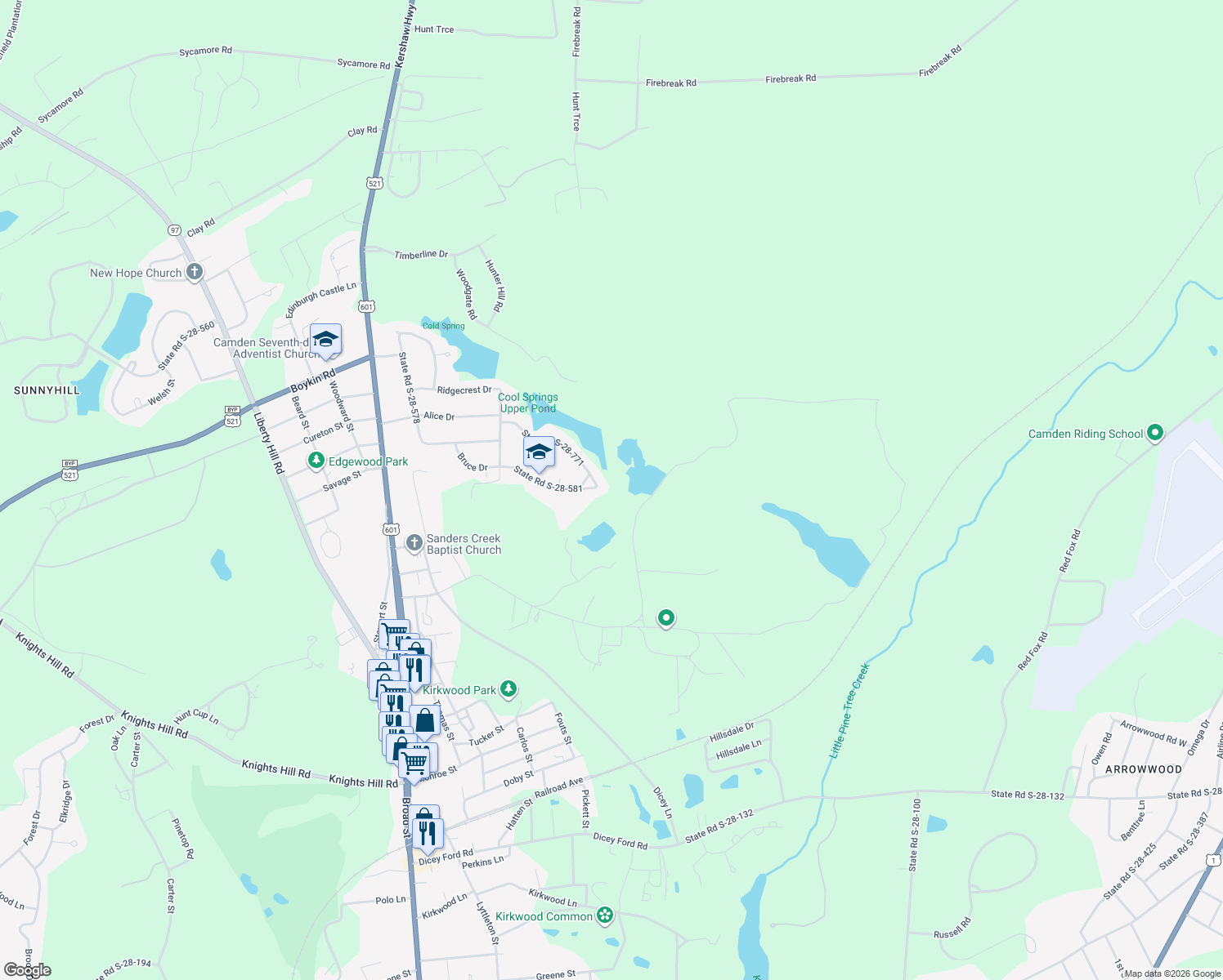 map of restaurants, bars, coffee shops, grocery stores, and more near 522 Bruce Drive in Camden