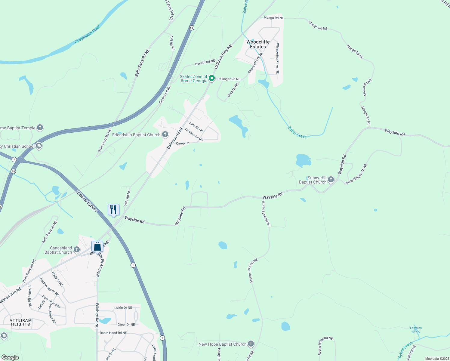 map of restaurants, bars, coffee shops, grocery stores, and more near 38 Mayo Road Northeast in Rome