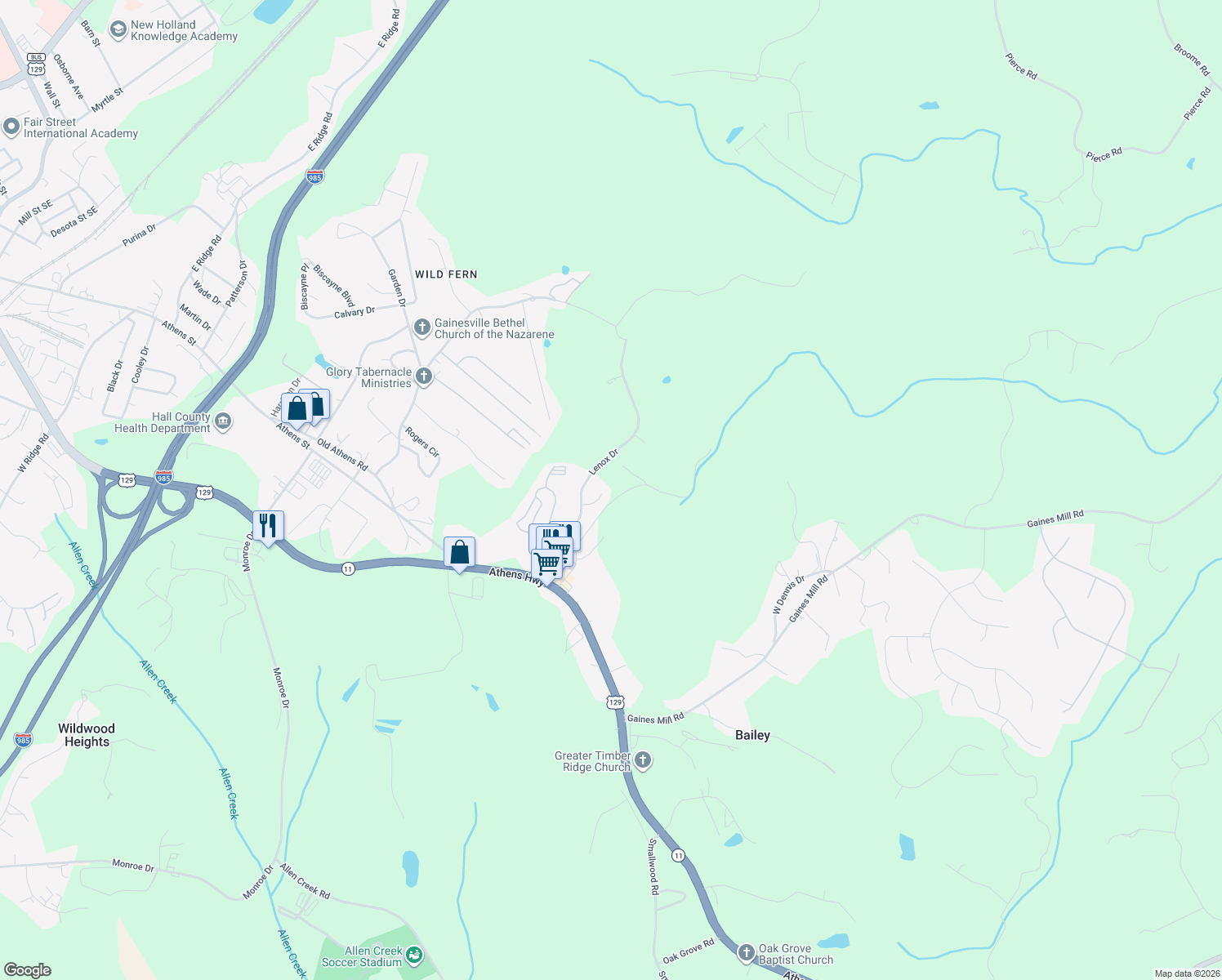 map of restaurants, bars, coffee shops, grocery stores, and more near 2382 Cannon Ridge Court in Gainesville