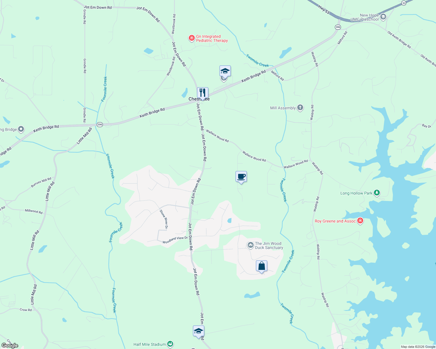 map of restaurants, bars, coffee shops, grocery stores, and more near 8115 Jot Em Down Rd in Gainesville