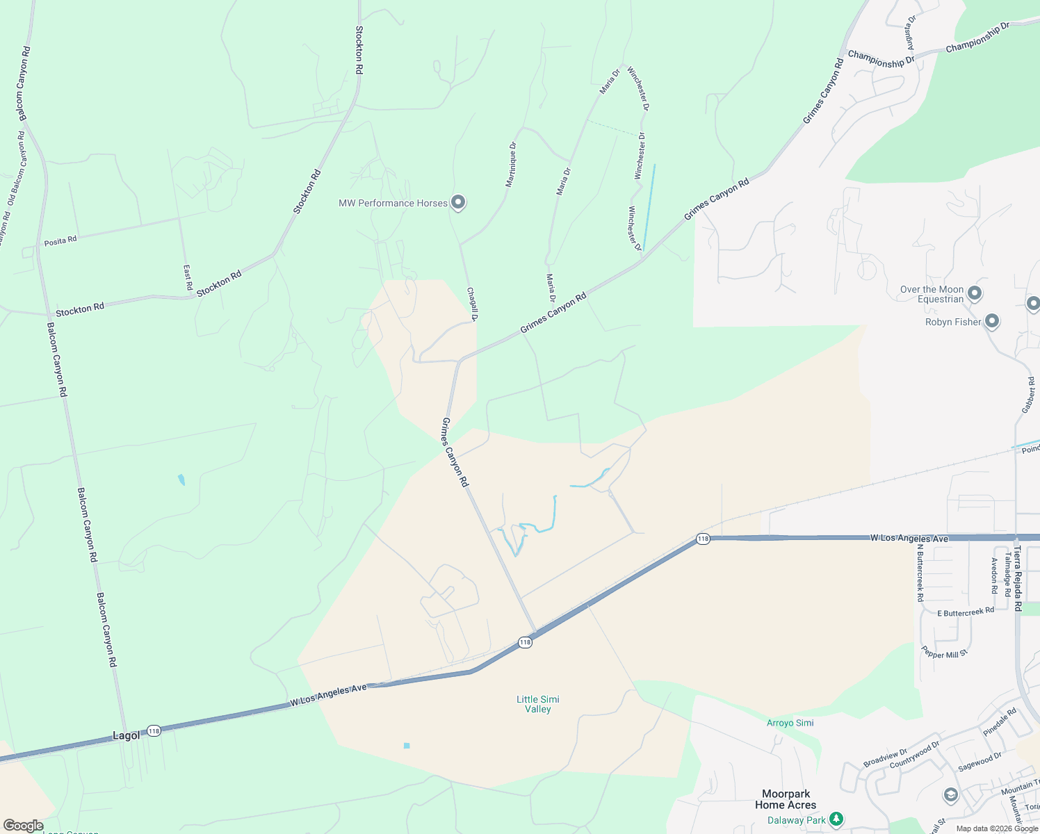 map of restaurants, bars, coffee shops, grocery stores, and more near Grimes Canyon Road in Moorpark