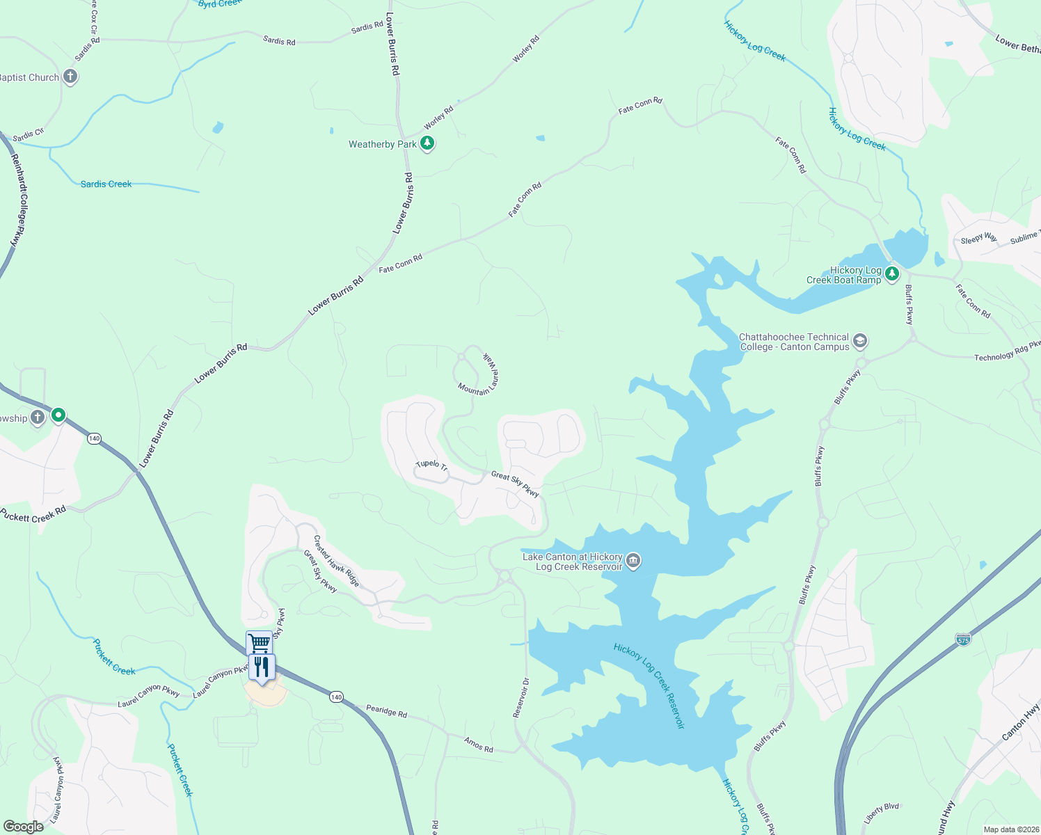 map of restaurants, bars, coffee shops, grocery stores, and more near 528 Blue Mountain Rise in Canton