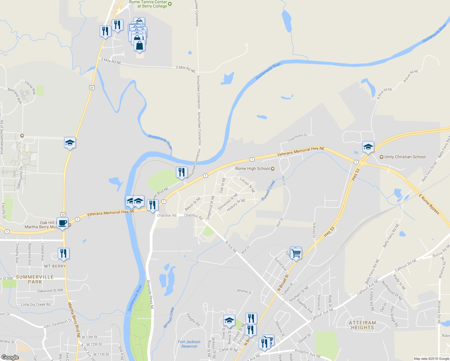 map of restaurants, bars, coffee shops, grocery stores, and more near 25 Oak Street Northeast in Rome