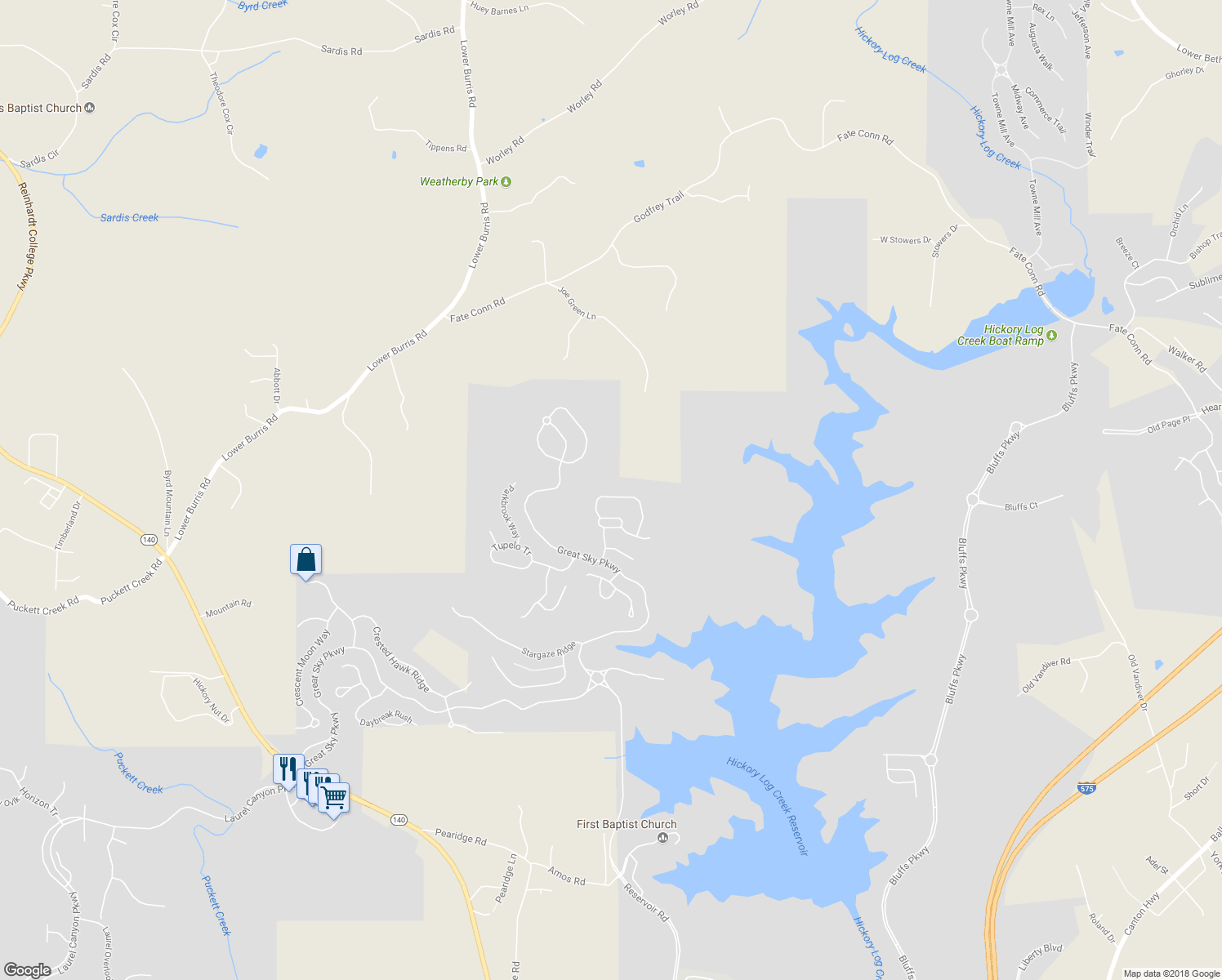 map of restaurants, bars, coffee shops, grocery stores, and more near 528 Blue Mountain Rise in Canton