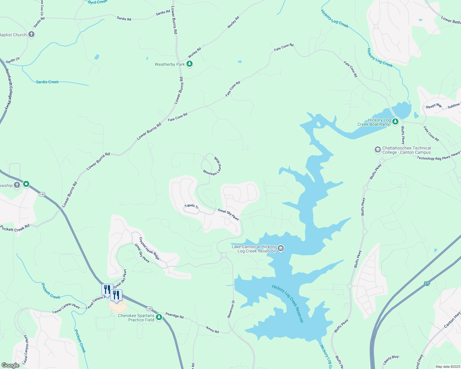 map of restaurants, bars, coffee shops, grocery stores, and more near 526 Blue Mountain Rise in Canton