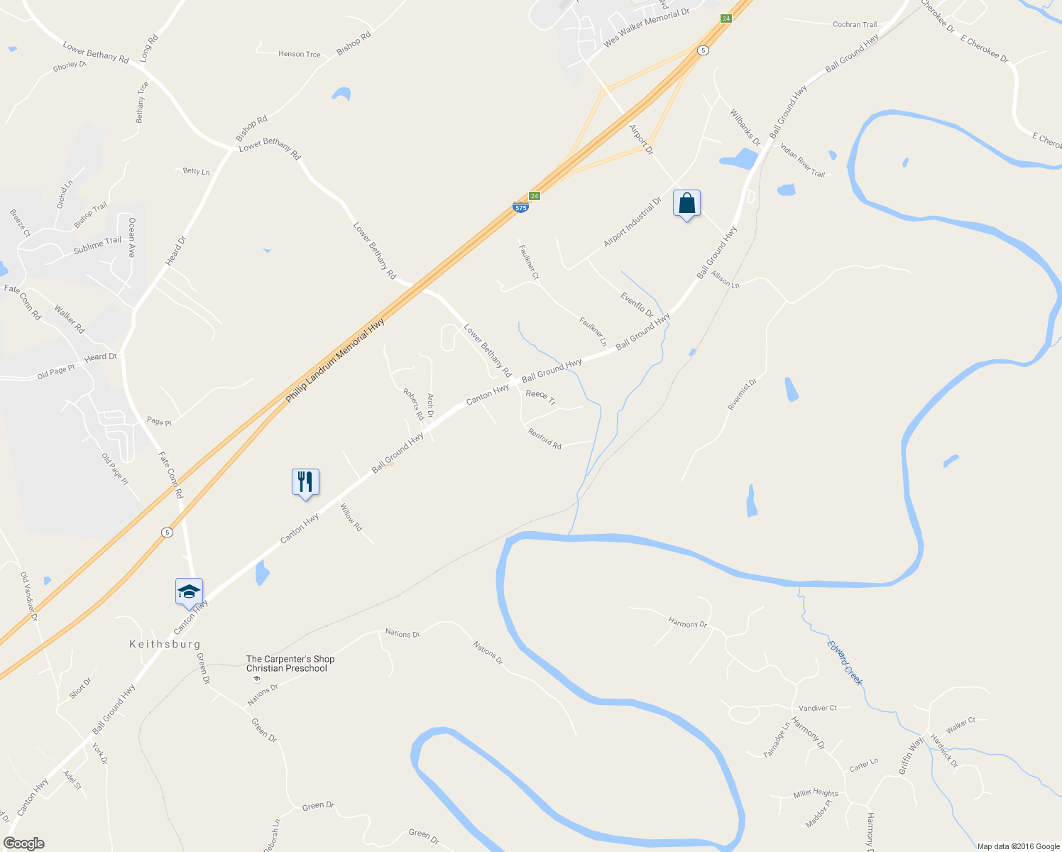 map of restaurants, bars, coffee shops, grocery stores, and more near 119 Renford Road in Ball Ground