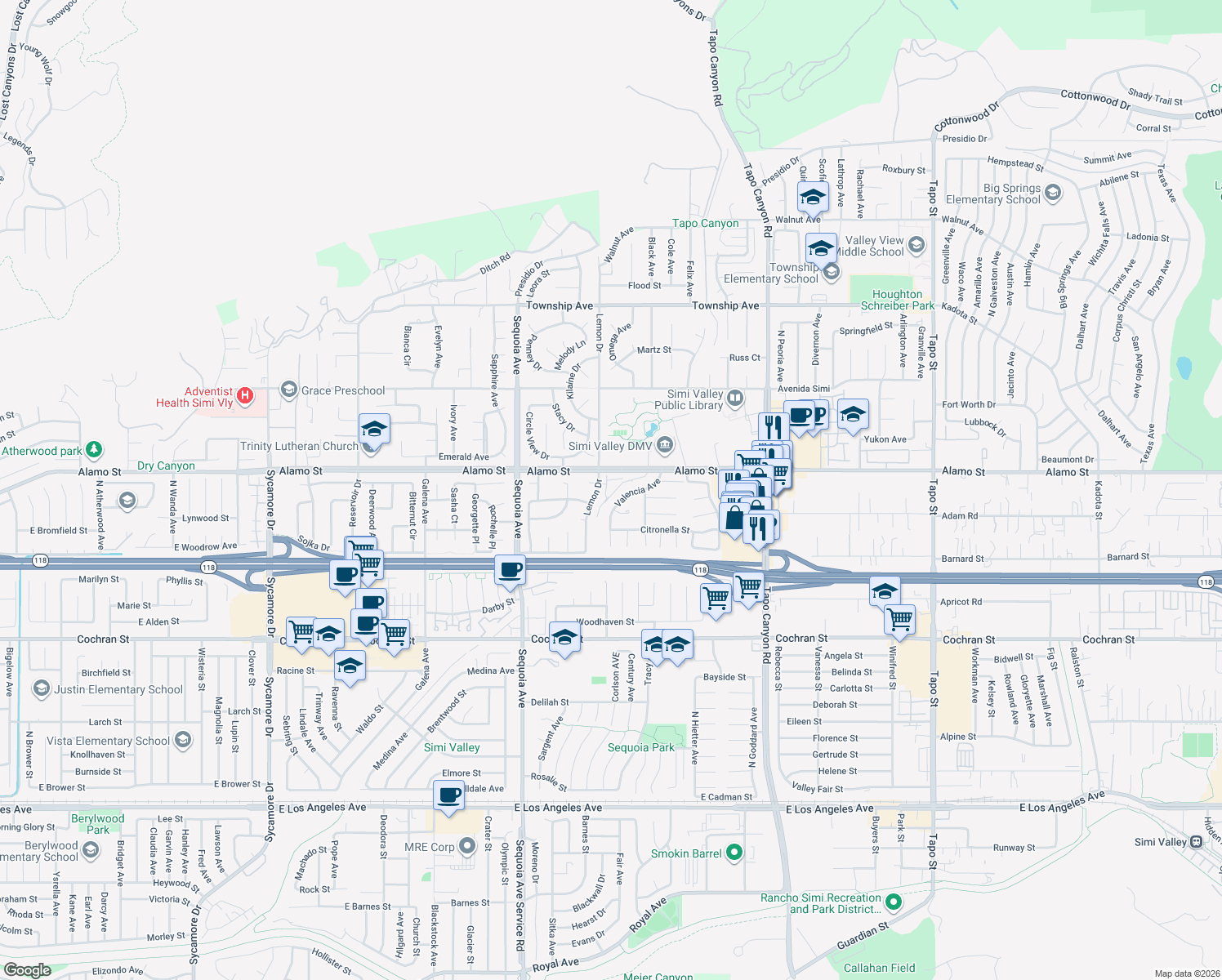 map of restaurants, bars, coffee shops, grocery stores, and more near 2756 Lemon Drive in Simi Valley
