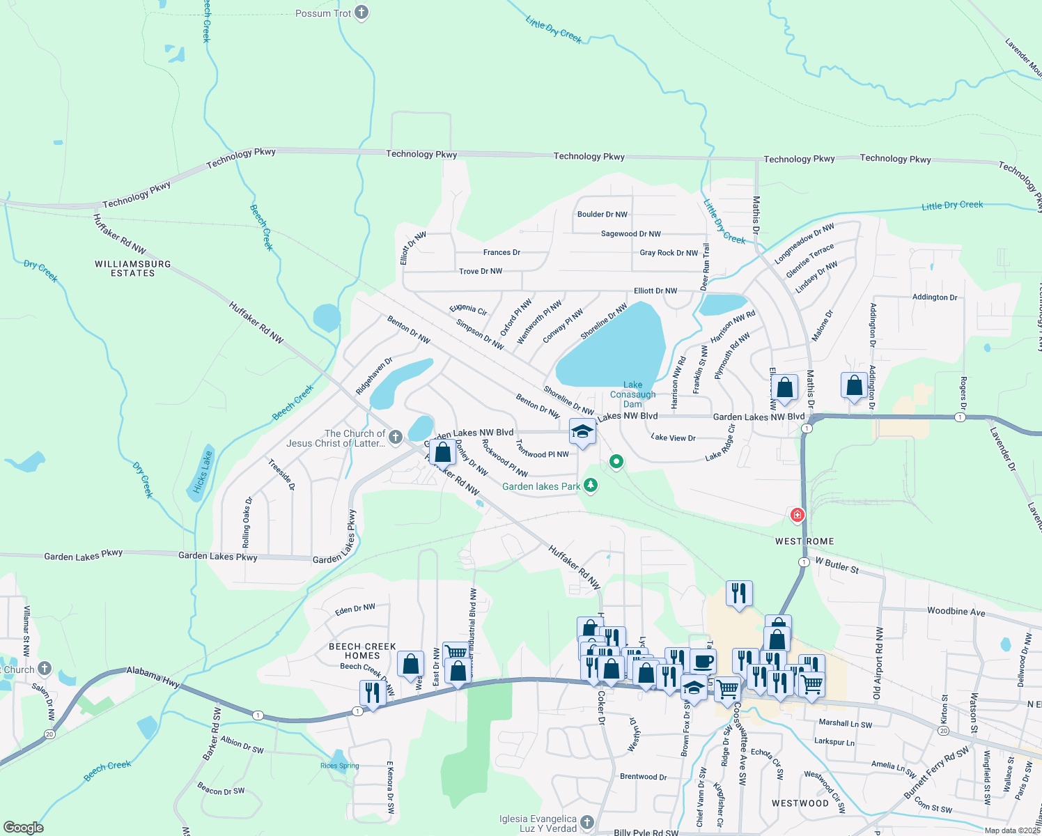 map of restaurants, bars, coffee shops, grocery stores, and more near 102 Trentwood Pl NW in Rome