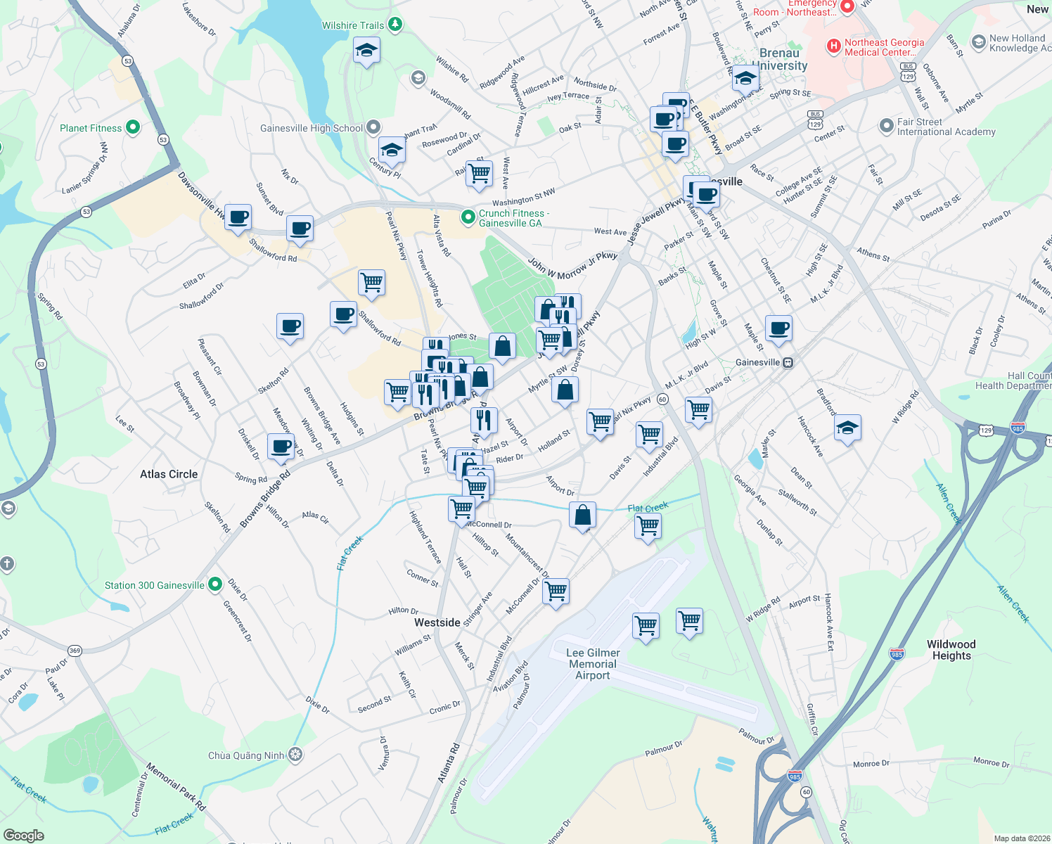 map of restaurants, bars, coffee shops, grocery stores, and more near 42 Highland Ave in Gainesville