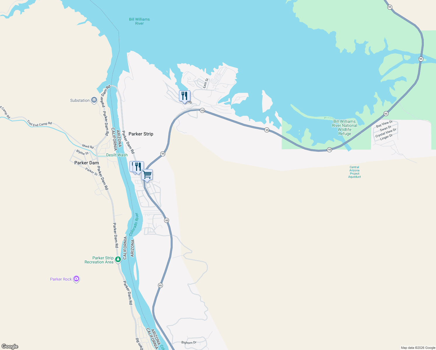 map of restaurants, bars, coffee shops, grocery stores, and more near in Parker Dam