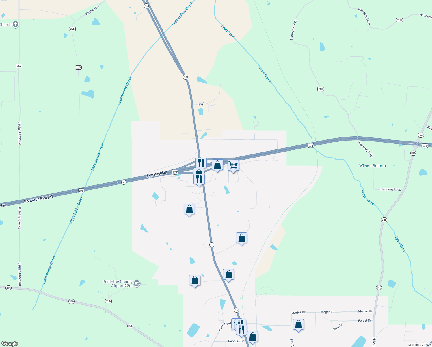 map of restaurants, bars, coffee shops, grocery stores, and more near 499 McCord Road in Pontotoc