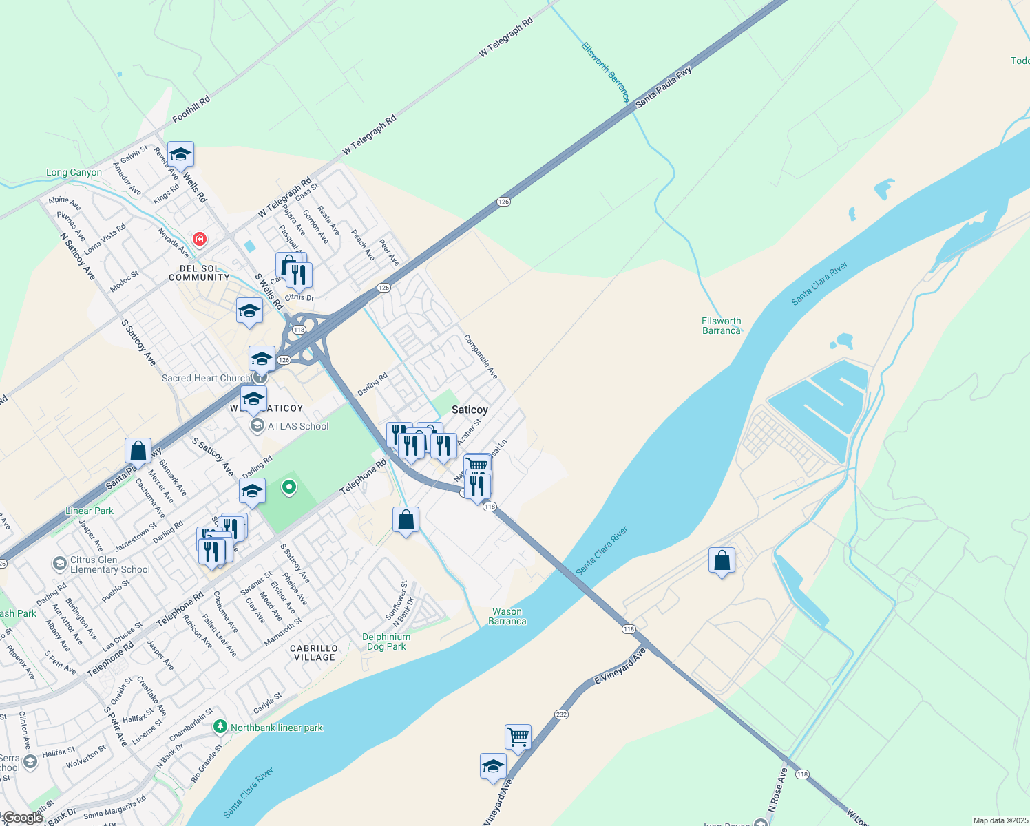 map of restaurants, bars, coffee shops, grocery stores, and more near 11435 Nardo Street in Ventura