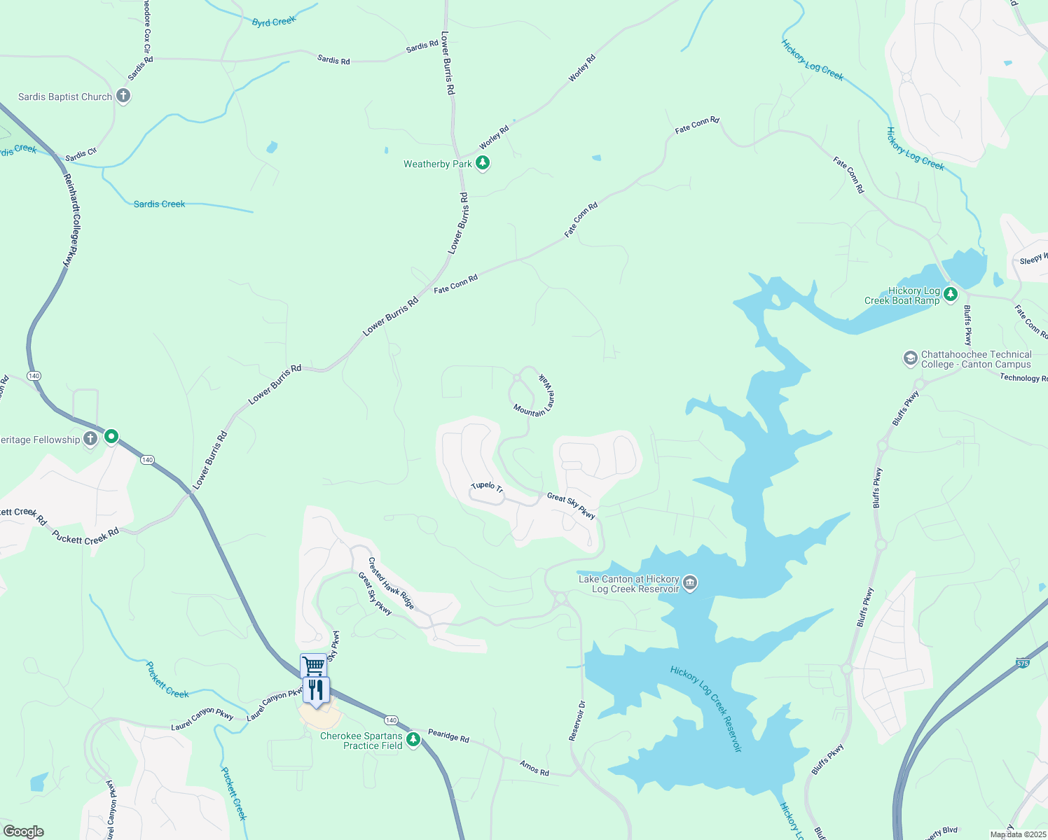 map of restaurants, bars, coffee shops, grocery stores, and more near 3501 Great Sky Parkway in Canton