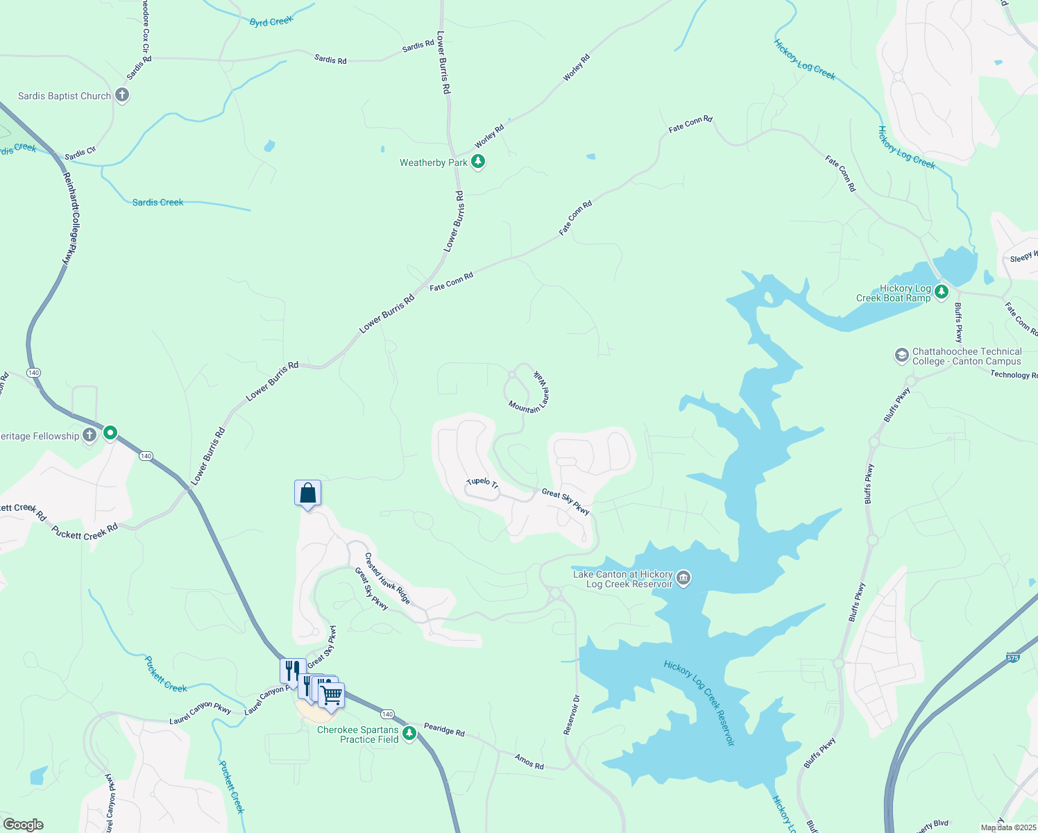 map of restaurants, bars, coffee shops, grocery stores, and more near 3501 Great Sky Parkway in Canton