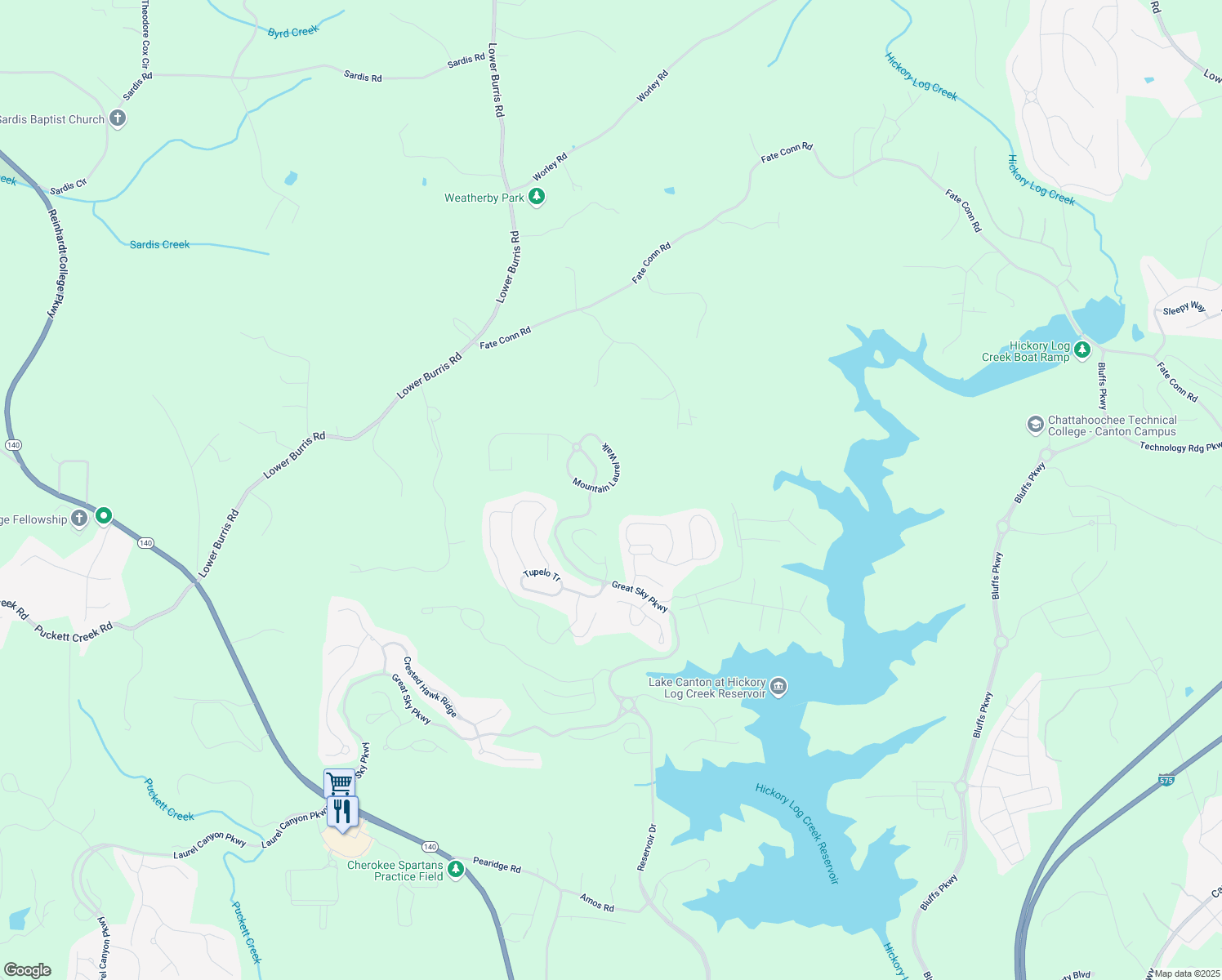 map of restaurants, bars, coffee shops, grocery stores, and more near 306 Mountain Laurel Walk in Canton
