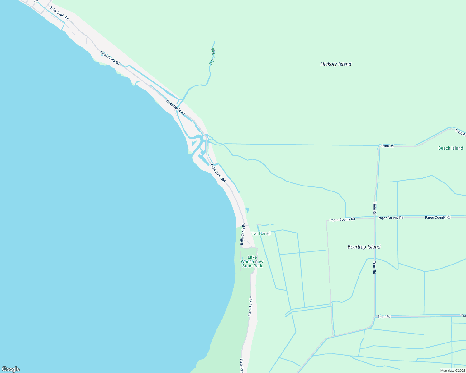 map of restaurants, bars, coffee shops, grocery stores, and more near 2105 Bella Coola Road in Lake Waccamaw
