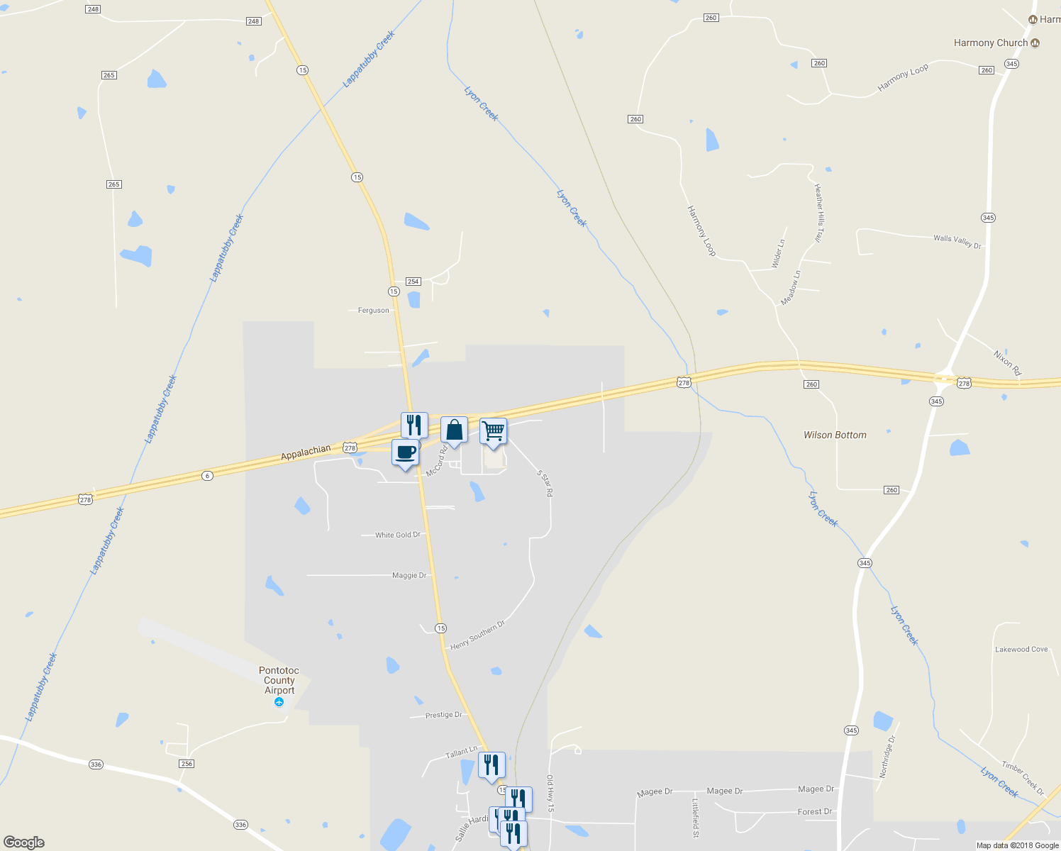 map of restaurants, bars, coffee shops, grocery stores, and more near 412 McCord Road in Pontotoc