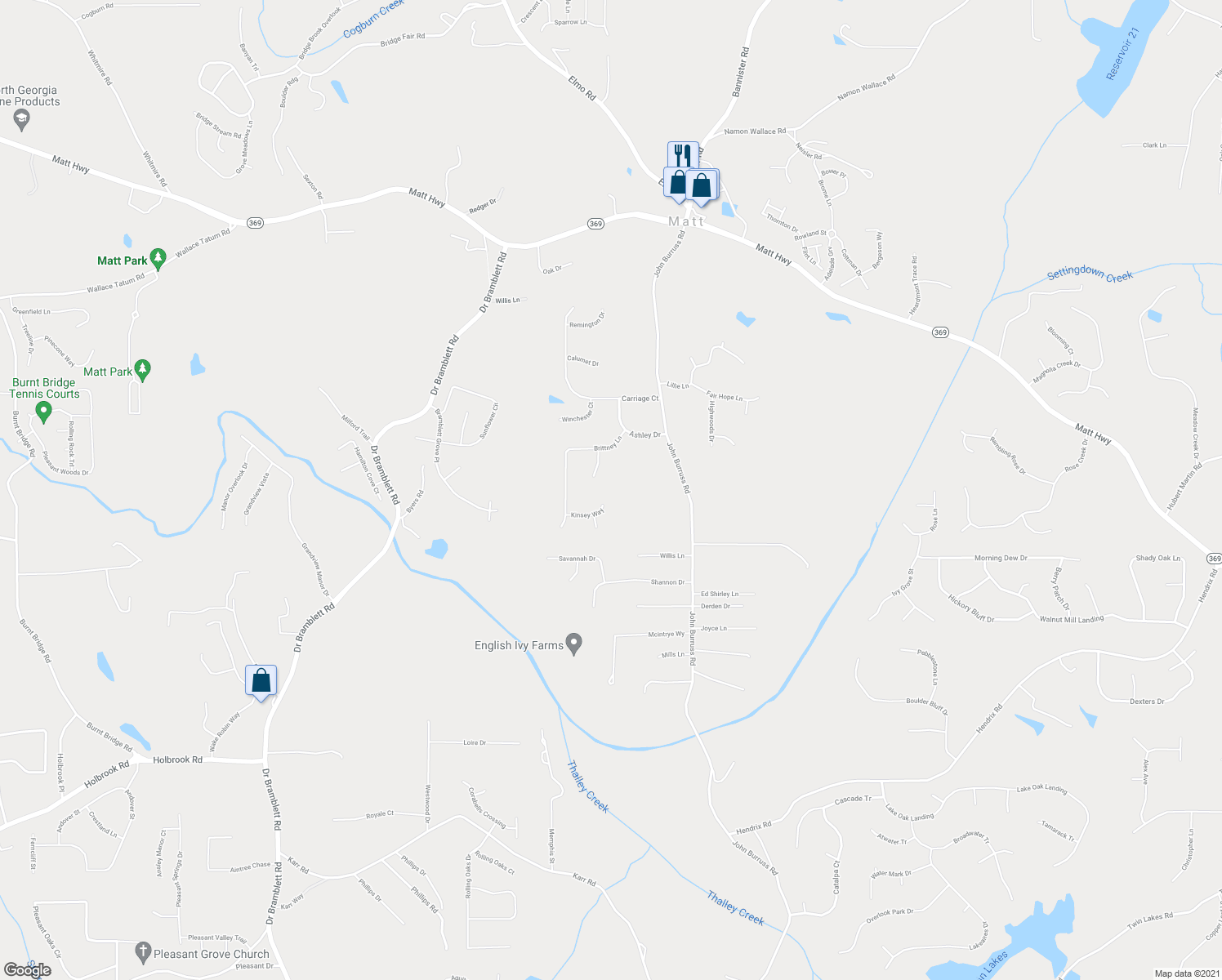 map of restaurants, bars, coffee shops, grocery stores, and more near 6430 Kinsey Way in Cumming