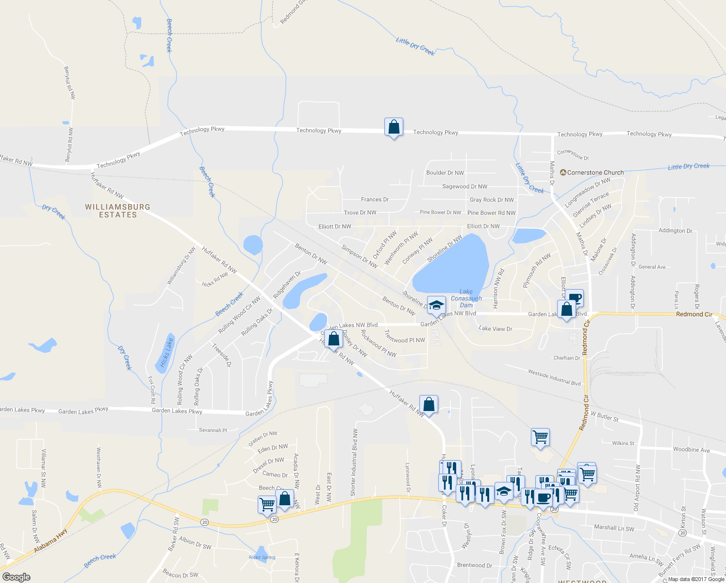 map of restaurants, bars, coffee shops, grocery stores, and more near 135 Benton Drive Northwest in Rome