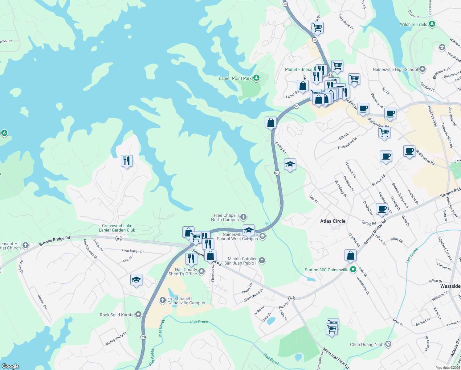 map of restaurants, bars, coffee shops, grocery stores, and more near 2671 Waters Edge Dr in Gainesville