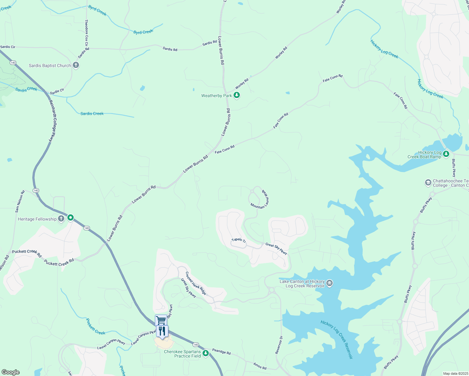 map of restaurants, bars, coffee shops, grocery stores, and more near 143 Greenbrier Way in Canton