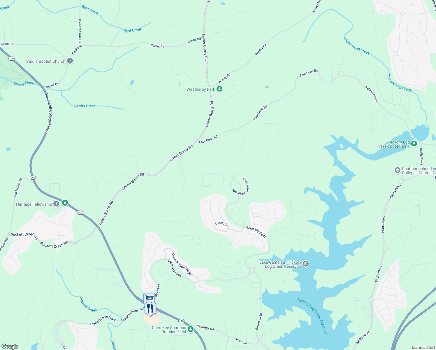 map of restaurants, bars, coffee shops, grocery stores, and more near 143 Greenbrier Way in Canton