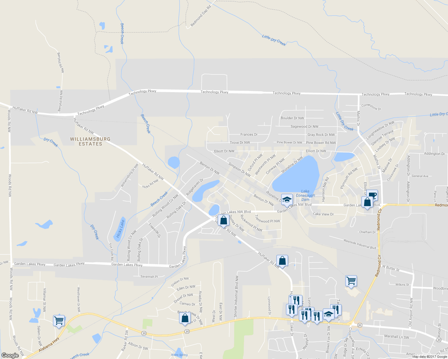 map of restaurants, bars, coffee shops, grocery stores, and more near 201 Benton Drive Northwest in Rome