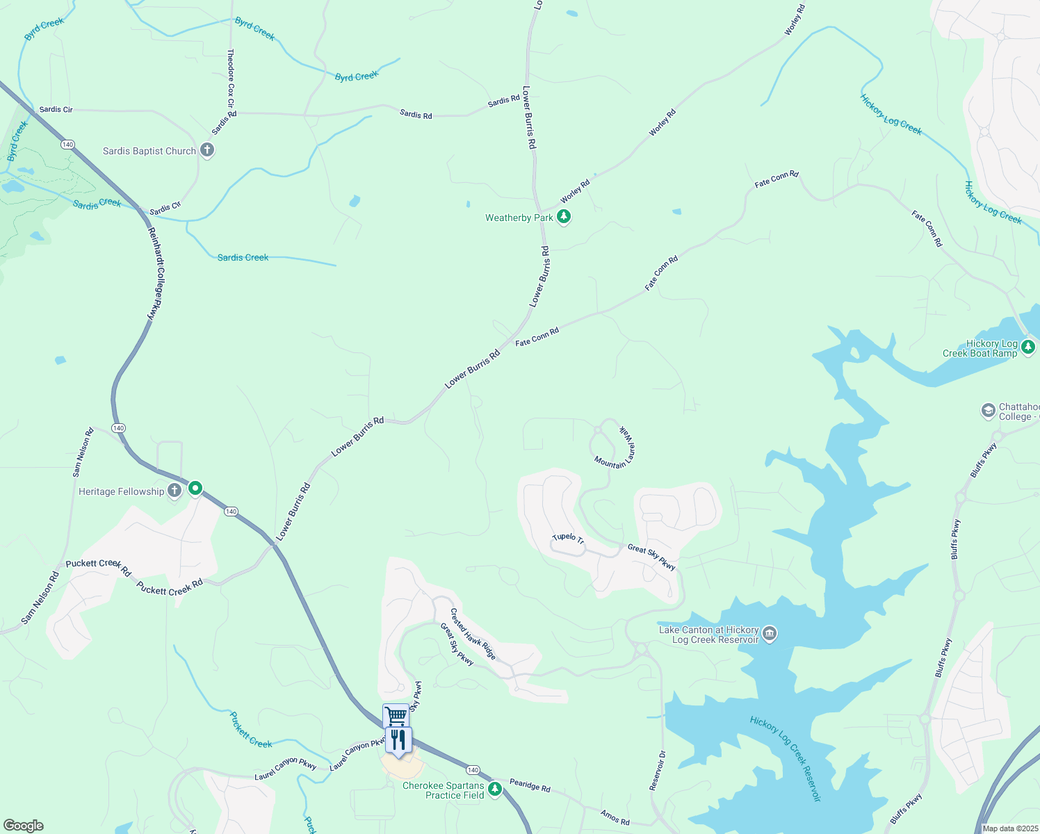 map of restaurants, bars, coffee shops, grocery stores, and more near 162 Greenbrier Way in Canton