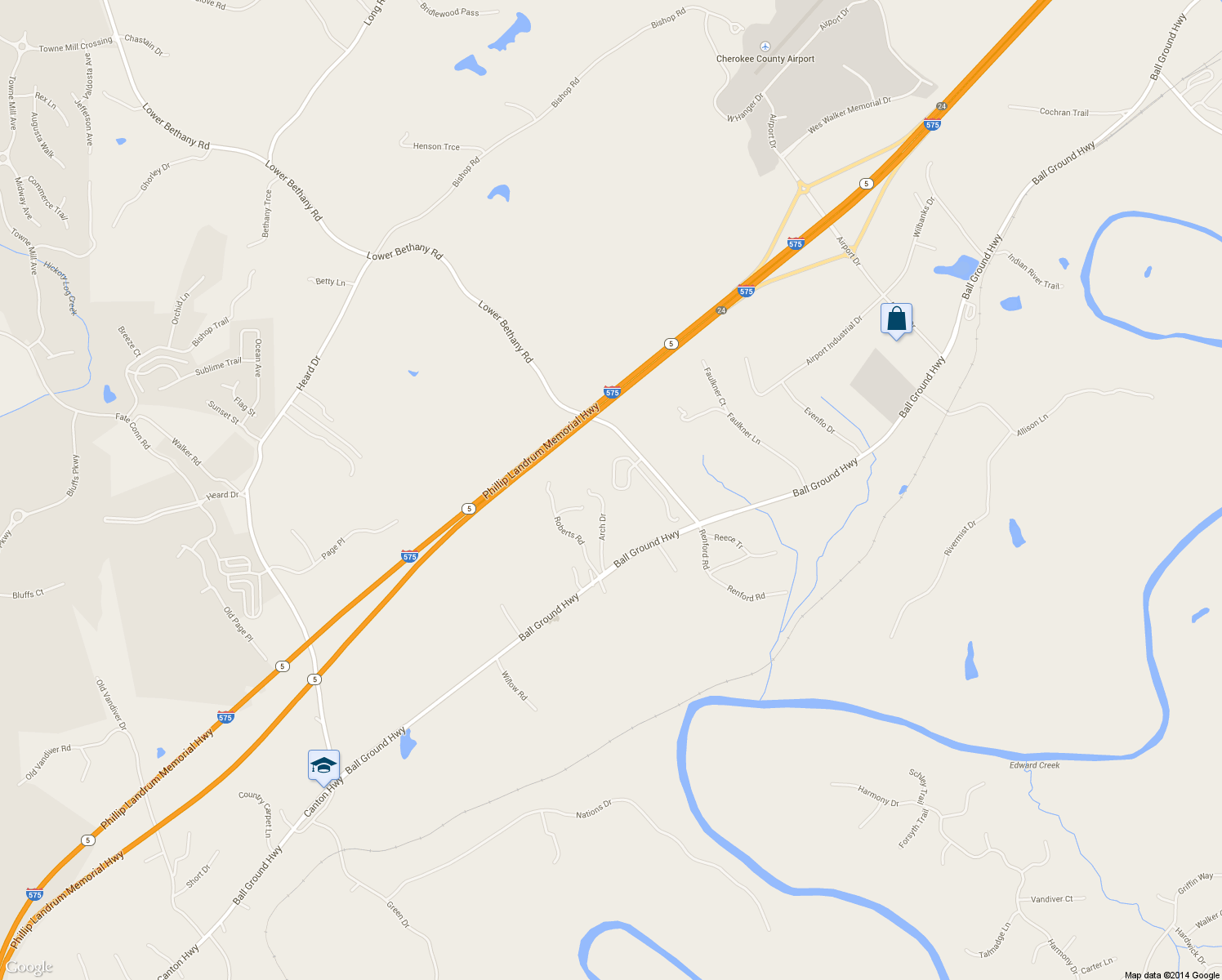 map of restaurants, bars, coffee shops, grocery stores, and more near 119 Bethany Manor Drive in Ball Ground